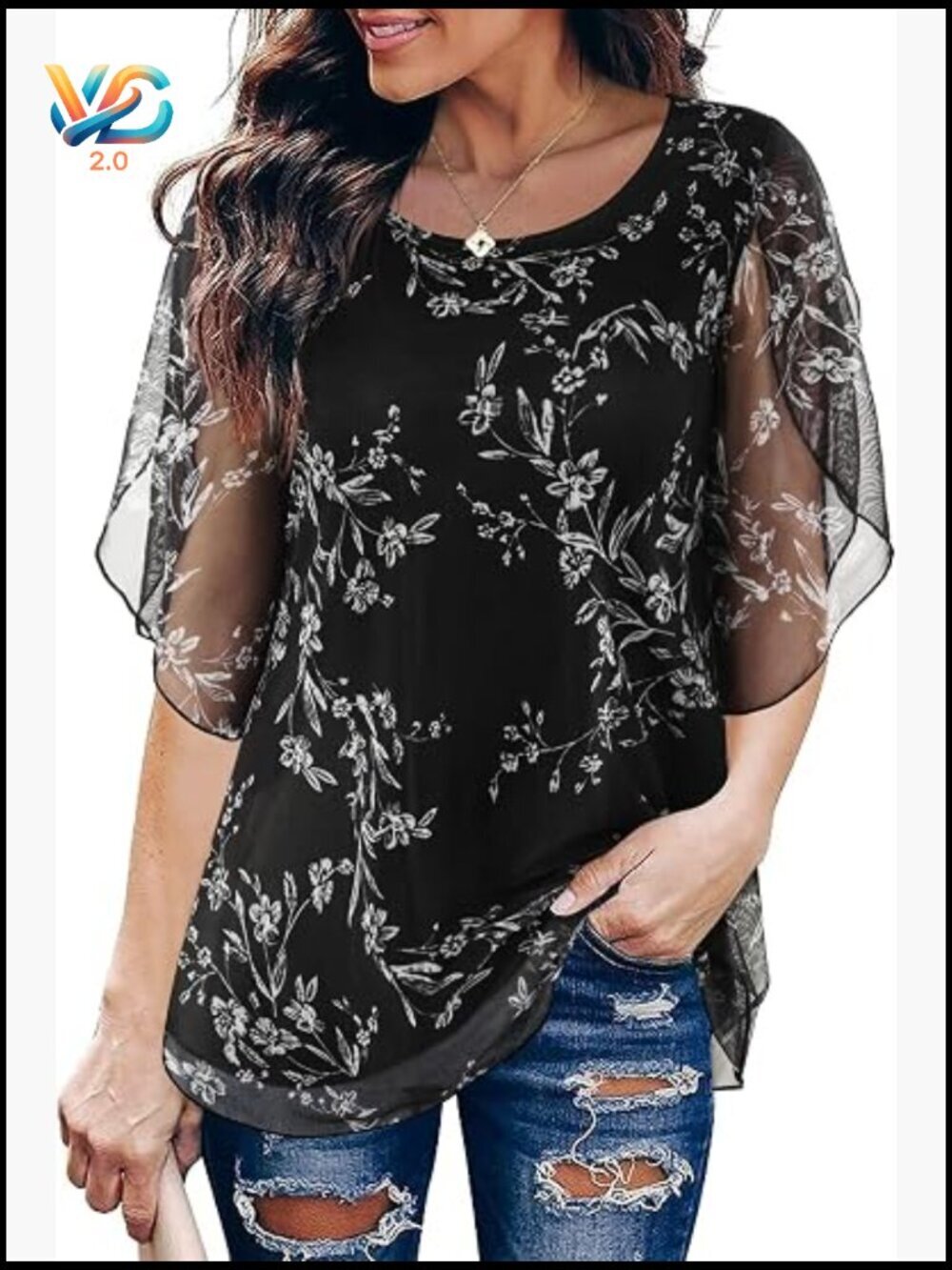 Ruffle 3/4 Sleeve Mesh Tunic Flowy Stretchy Business Casual Blouse Top